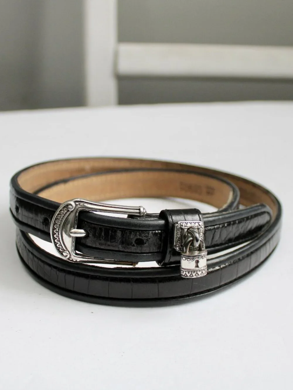 Brighton Croc Embossed Black Leather Belt Silver Lock Charm Accent C5903 Size XL